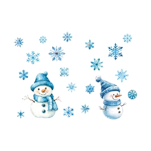Watercolor Christmas snowman static window clings with blue snowflakes set for winter decor