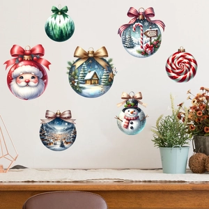Detailed view of 7 assorted Christmas ornament wall stickers with festive bow designs