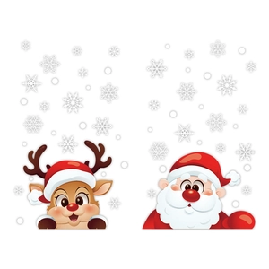 Adesivi natalizi elettrostatici con simpatico Babbo Natale, renna e fiocchi di neve bianchi