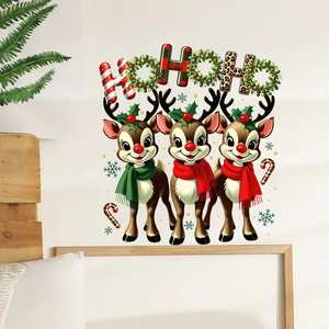Christmas wall stickers with cartoon reindeer, HOHOHO lettering and festive snowflake patterns