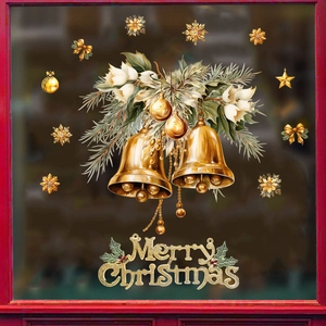 Golden Christmas window stickers with bells, snowflakes and Merry Christmas lettering