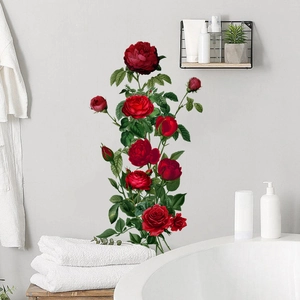 Red peony flower wall decal in vintage botanical style for bathroom decor stickers