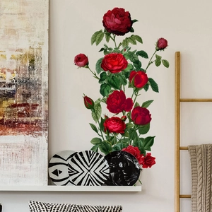 Artistic detail of realistic red peony wall stickers on a neutral indoor home wall