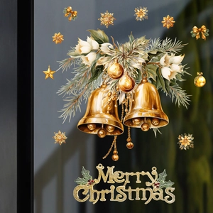 Christmas window static stickers with gold bells snowflakes and Merry Christmas text