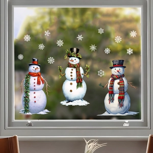 Christmas window decals set featuring three festive snowmen and white snowflakes for glass