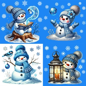 Winter snowman static Christmas window stickers with blue knit hats and snowflake motifs