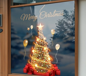 Detailed Christmas tree glass sticker with gold balloons and Merry Christmas lettering