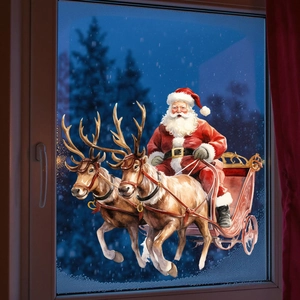 Christmas static cling window sticker featuring Santa Claus in a red sleigh with reindeers