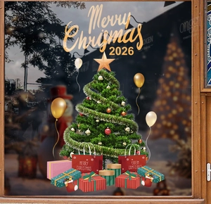 Detail of Christmas tree and gift box window stickers on glass for 2026 holiday decor