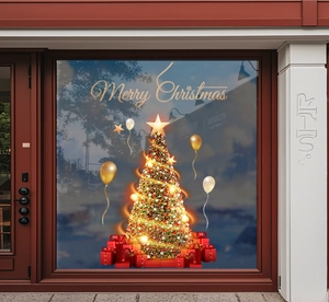 Detailed view of festive Christmas tree and balloon window decals on glass storefronts