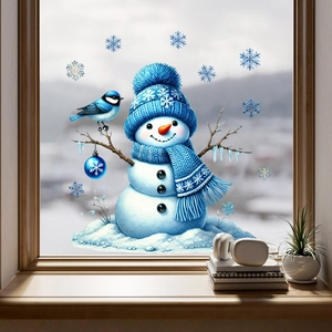 Detail showing a cute snowman window cling with a blue knit hat and snowflake stickers