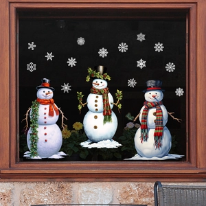 Christmas window stickers featuring snowmen and snowflakes on glass window for home decoration