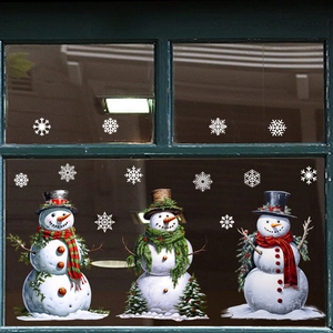 Christmas snowman window static stickers with white snowflakes on glass backgrounds