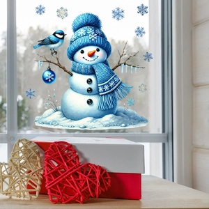 Detail of static Christmas snowman window decal with snowflakes on clear glass window