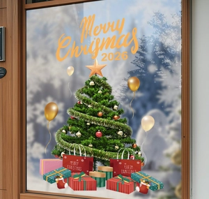 Detail of 2026 Christmas tree and gift box static stickers on transparent glass