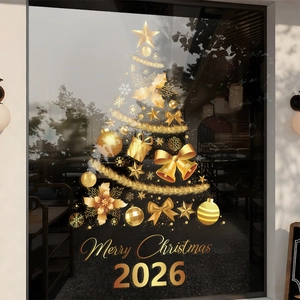 Golden Christmas tree 2026 window decals with stars and snowflakes for festive glass decoration