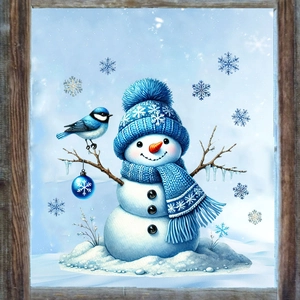 Detailed view of Christmas snowman window sticker with blue hat and snowflake pattern