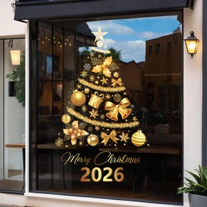 Merry Christmas 2026 Golden Christmas Tree Window Static Sticker Removable PVC Decorative Decal For Shop Window Home Decor