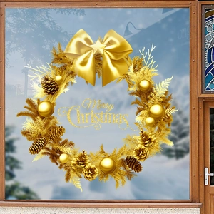 Adesivo per finestre ghirlanda natalizia dorata con testo Merry Christmas e fiocco di seta