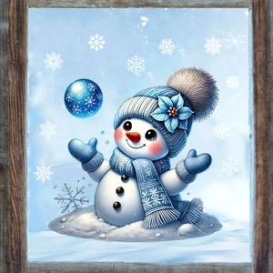 Detailed view of a cute snowman sticker with blue knitted hat and winter scarf decor