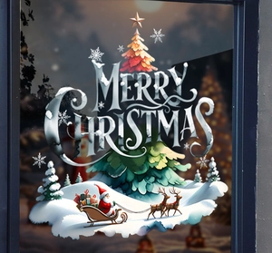 Detail of Christmas tree static window sticker with reindeer sleigh and Merry Christmas text