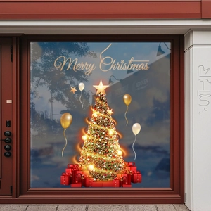 Golden Merry Christmas window decals with festive tree and balloons for glass decor