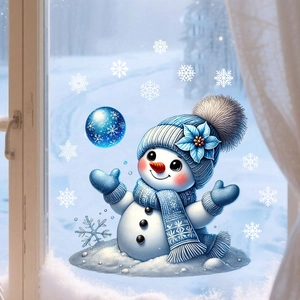 Cute snowman with blue hat and white snowflakes electrostatic window decals for winter