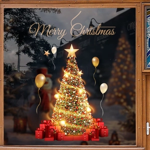 Festive Christmas tree window stickers with red gift boxes and golden balloon decor