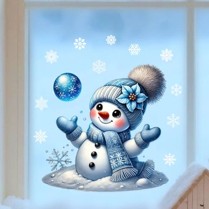 Close-up of static Christmas window sticker featuring a cute snowman with blue hat and snowflakes
