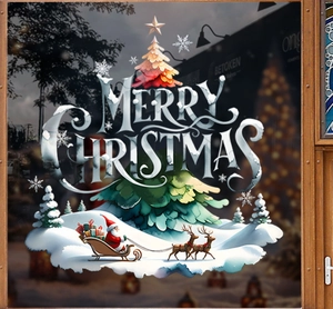 Close-up of Merry Christmas window decal with Santa, reindeer, and tree on glass