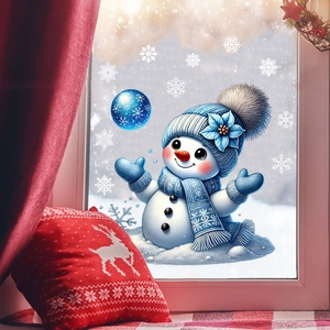 Detail of Christmas window clings showing a cute snowman, snowflakes and blue ornaments