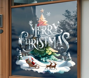 Detailed view of Merry Christmas window stickers with Santa sleigh on glass panes