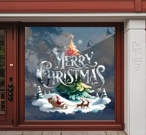 Store window display showing Merry Christmas lettering and Santa static cling decals