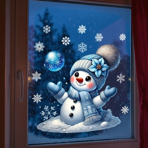 Close-up of cute snowman window static cling with white snowflakes on glass surface