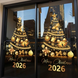 Golden 2026 Christmas tree static window stickers with stars and festive elements