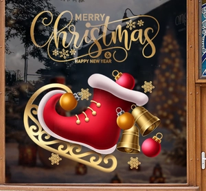 Christmas window decals with red skate boots, golden bells and festive holiday ornaments