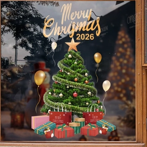 Festive 2026 Merry Christmas static window clings with tree and gift box designs