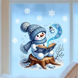 Detail of Christmas snowman window cling showing an illustration of a snowman reading on a log