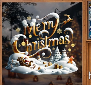 Detail of 3D Merry Christmas window sticker with Santa, snowmen, and festive gold lettering