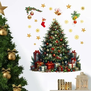Christmas tree wall stickers with colorful gift boxes and snowflakes for festive home decor