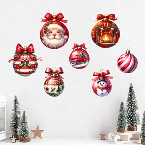 Detail of seven festive Christmas ball wall stickers featuring Santa and winter scenes