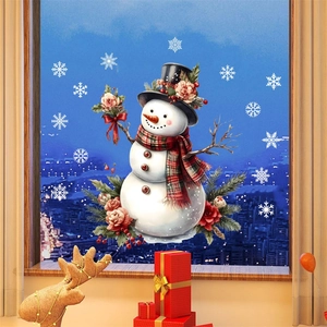 Christmas Snowman Window Stickers PVC Static Cling Snowflake Floral Decor For Glass Door Refrigerator DIY Festive Wall Mural