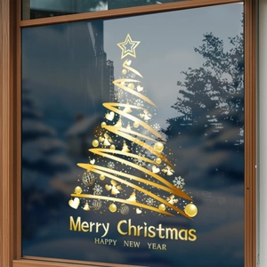 Stickers de Noël dorés pour fenêtre avec sapin floconneux et texte Joyeux Noël