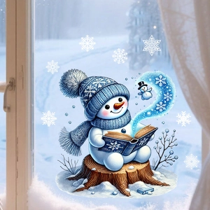 Detail of Christmas window sticker featuring cute snowman reading a magic book in winter