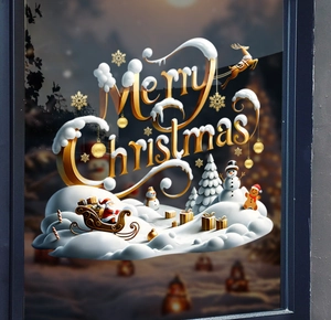 Close-up of golden Merry Christmas static window stickers with snowman and reindeer