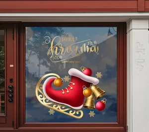 Detail of Christmas window sticker with red elf boot bell and Merry Christmas text
