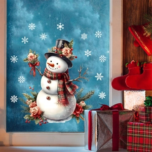 Christmas snowman window cling with floral hat and red scarf on blue glass decor