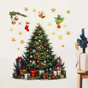 Christmas tree wall decals with gift boxes, bells and stars for holiday home decoration