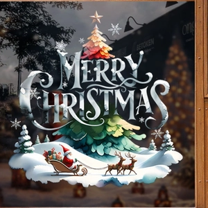 Merry Christmas window cling with colorful tree and Reindeer Sleigh on glass shop window