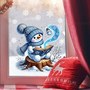 Cozy indoor view of a cute snowman decal with snowflakes on a window during Christmas